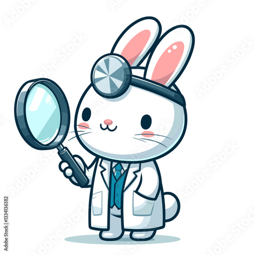 Detective bunny with magnifying glass and headlamp on transparent background. Vector illustration ideal for mystery themes, investigation concepts, or analytical thinking educational content.