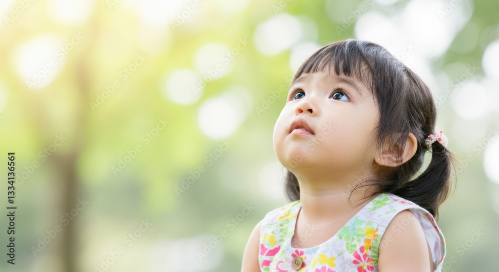 Asian female child outdoors in sunlit park looking upward Asian female child outdoors in sunlit park looking upward