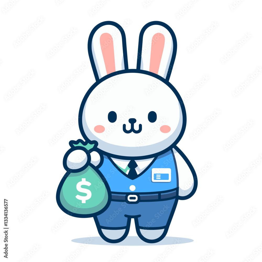 Bank teller bunny with money bag in blue uniform. Vector illustration perfect for financial services, currency exchange, and banking industry concepts. Bank teller bunny with money bag in blue uniform. Vector illustration perfect for financial services, currency exchange, and banking industry concepts.