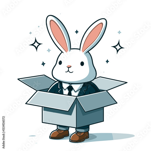 Surprised bunny emerging from cardboard box in tie outfit. Vector illustration ideal for unexpected gift, surprise delivery, and new job announcement concepts.