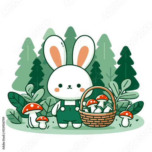 Forager bunny collecting mushrooms in forest with basket. Vector illustration for nature exploration and wild food harvesting themes.