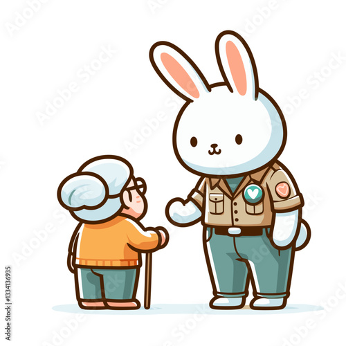 Rabbit volunteer helping an elderly lady with a friendly smile on a transparent background