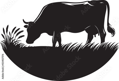 cow standing in a pasture silhouette vector illustration on a white background
