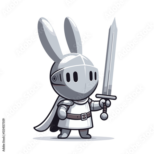 Cartoon bunny knight in silver armor with sword and helmet. Vector illustration perfect for fantasy themes, medieval stories, or heroic character concept designs.