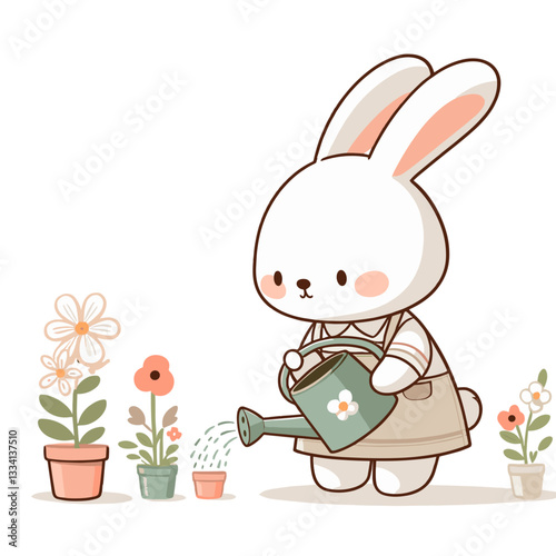 Cartoon bunny gardener watering potted flowers with green watering can. Vector illustration perfect for gardening tips, plant care, or horticultural hobby concept designs.