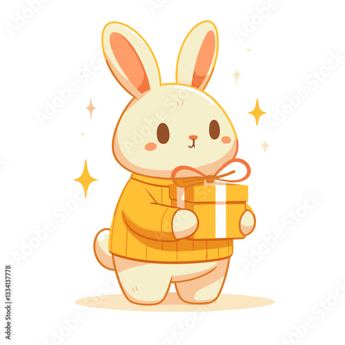 Gift-giving bunny in yellow sweater with present on transparent background. Vector illustration ideal for celebration themes, special occasions, or holiday shopping promotional materials.