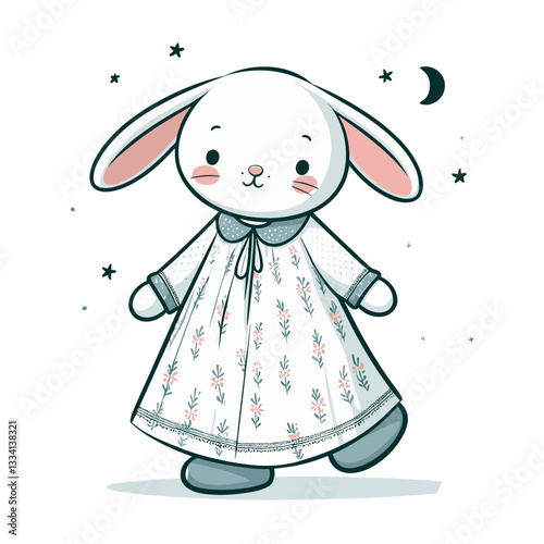 Sleepy bunny in nightgown under starry night sky. Vector illustration for bedtime routines and sleep health concepts.