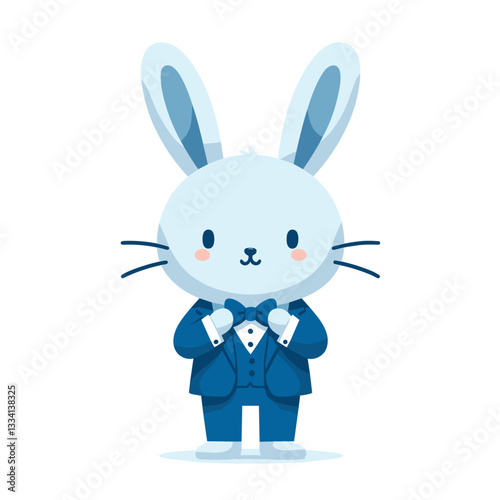 Formal bunny in blue tuxedo with bowtie. Vector illustration for wedding ceremonies and elegant event planning.