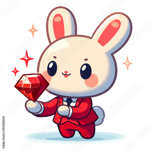 Jeweler bunny in red outfit holding ruby gemstone. Vector illustration for luxury accessory design and precious stones industry.