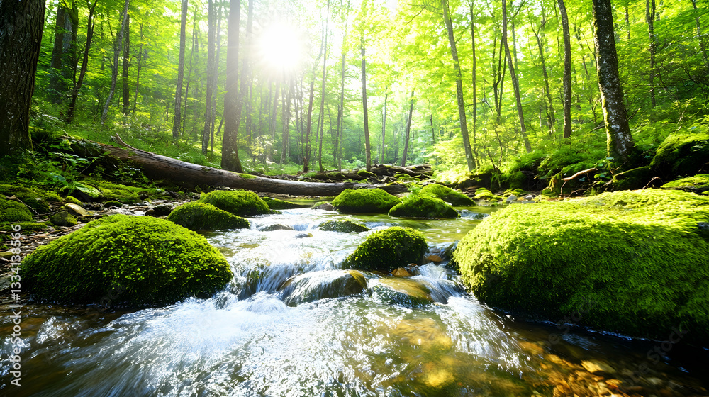 Sunlit stream flows through lush green forest, moss-covered rocks Sunlit stream flows through lush green forest, moss-covered rocks