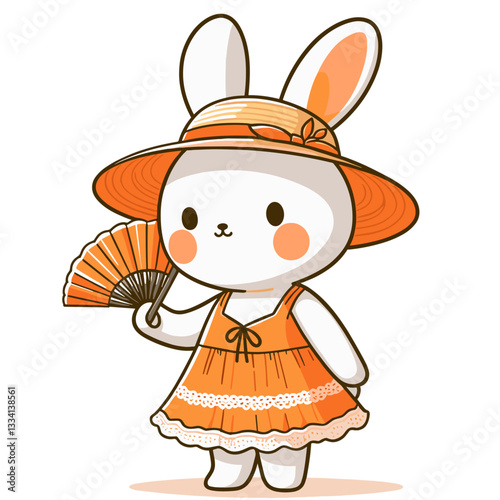 Cartoon southern belle rabbit in orange dress with fan and hat. Ideal for historical fashion themes, traditional costume concepts or cultural character illustrations.