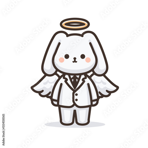 Innocent cartoon angel rabbit in white outfit with halo. Perfect for religious themes, spiritual concepts or heavenly character illustrations for children.