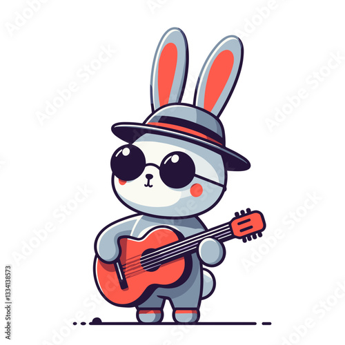 Cool musician rabbit with sunglasses playing guitar in fedora hat. Great for music entertainment themes, band promotions or artistic performance illustrations.