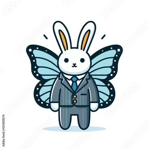 Elegant cartoon business rabbit in suit with butterfly wings. Perfect for transformation concepts, corporate evolution themes or creative business innovations.