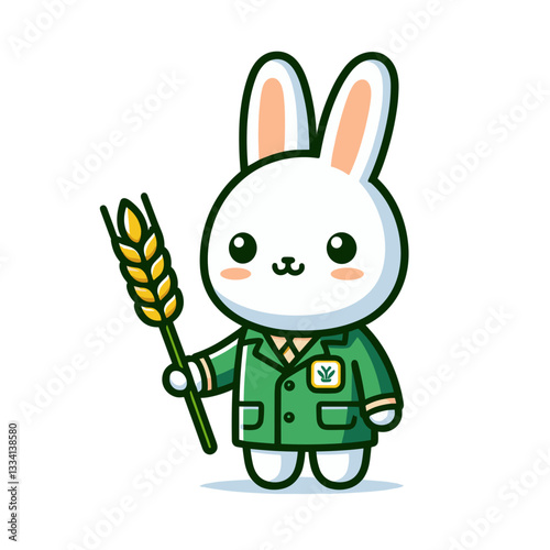 Cartoon farmer rabbit in green uniform holding wheat stalk. Perfect for agriculture themes, organic farming concepts or sustainable food production illustrations.