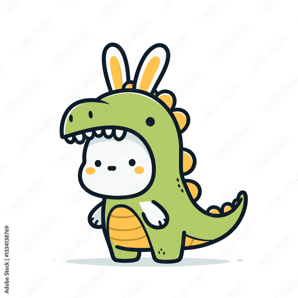 Cartoon bunny in dinosaur costume with yellow ears and green body. Vector illustration perfect for playful disguises, fantasy roleplay, or children's imagination concept designs. Cartoon bunny in dinosaur costume with yellow ears and green body. Vector illustration perfect for playful disguises, fantasy roleplay, or children's imagination concept designs.