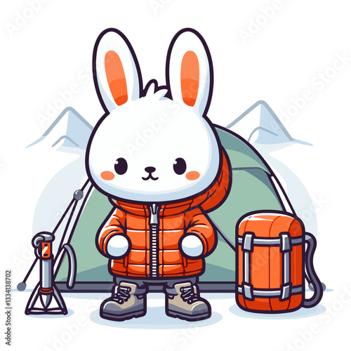 Cute cartoon bunny hiker in orange jacket with camping equipment and mountains. Vector illustration ideal for outdoor adventures, trekking guides, or travel concept designs.