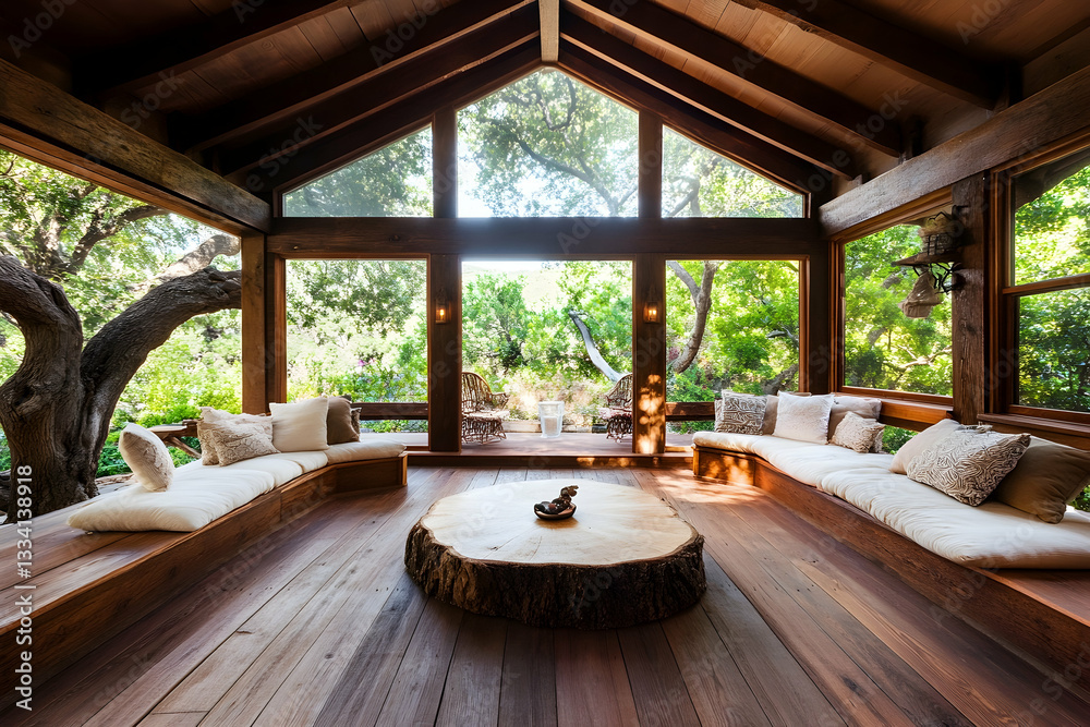 Fototapeta premium Sunlit, wood-paneled room with built-in seating overlooking a lush garden