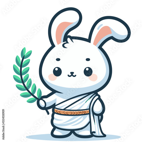 Greek philosopher bunny in toga with olive branch on transparent background. Vector illustration ideal for classical education, ancient wisdom concepts, or historical character references.
