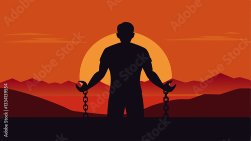 Silhouette A minimalistic silhouette illustration showing the outline of a handcuffed suspect against a vibrant sunset capturing the dramatic moment.