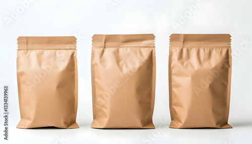 Three kraft paper stand-up pouches on white background