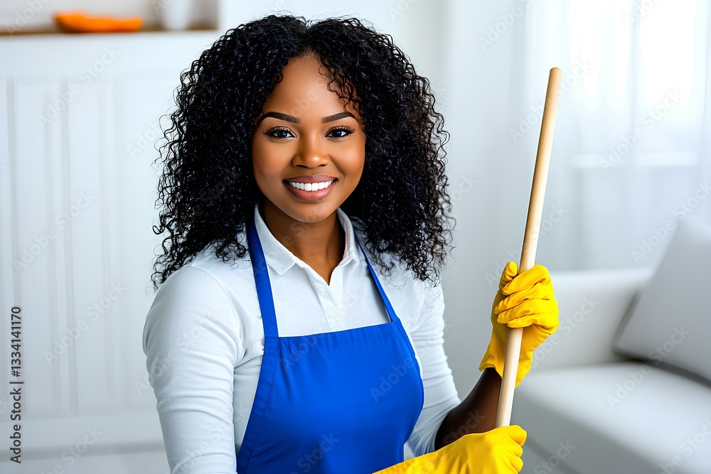 Professional African female cleaner with curly hair, dressed in a blue apron and yellow gloves, ready for cleaning service. Professional African female cleaner with curly hair, dressed in a blue apron and yellow gloves, ready for cleaning service.
