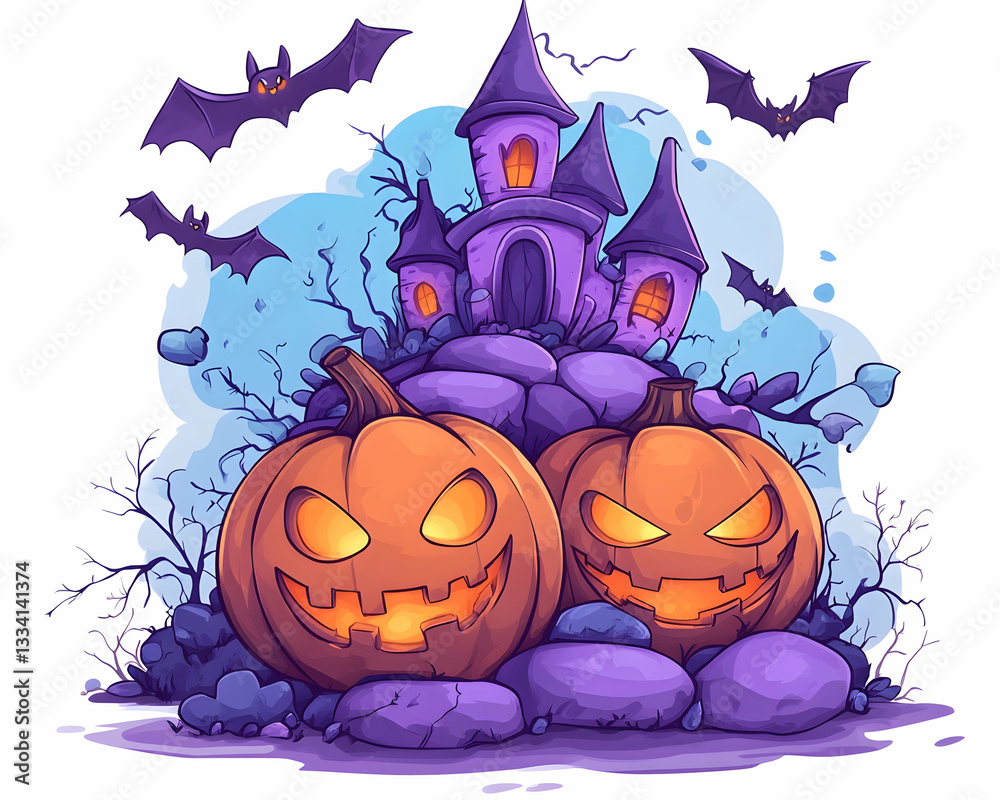 Fototapeta premium Two jack-o'-lanterns glow before a spooky castle, bats flying overhead