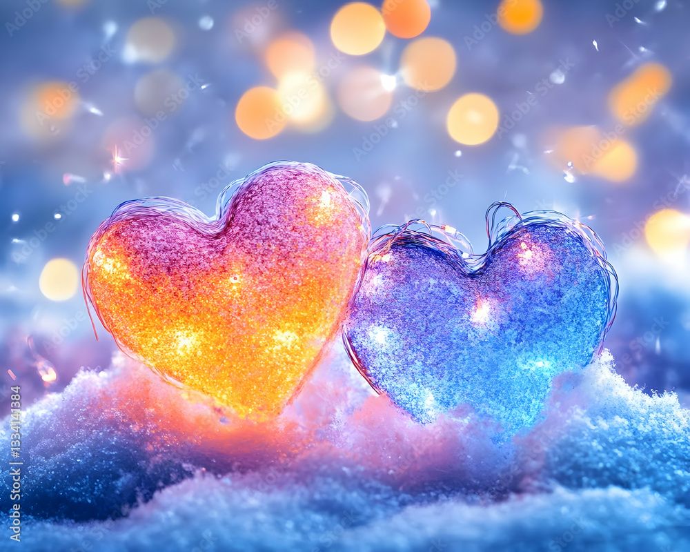 Fototapeta premium Two illuminated hearts in snow, romantic winter scene