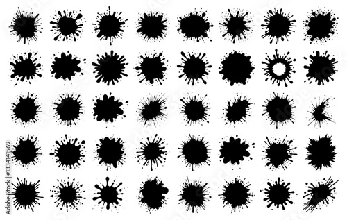 Ink splatter vector collection with various splashes and blots. Black silhouette grunge elements for graphic design and artistic projects
