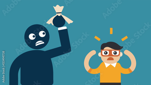 Security Alarm An alarm is depicted ringing loudly above a robbers head as he hurriedly fills his bag with cash eyebrows raised in panic.