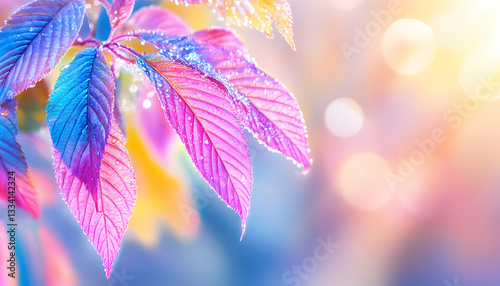 Vibrant autumn leaves with dew, soft-focus background