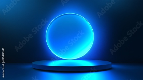 Blue empty podium with glowing neon frame in the dark for product presentation. 3D rendering