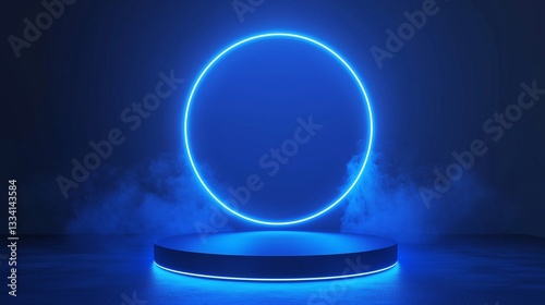 Blue empty podium with glowing neon frame in the dark for product presentation. 3D rendering