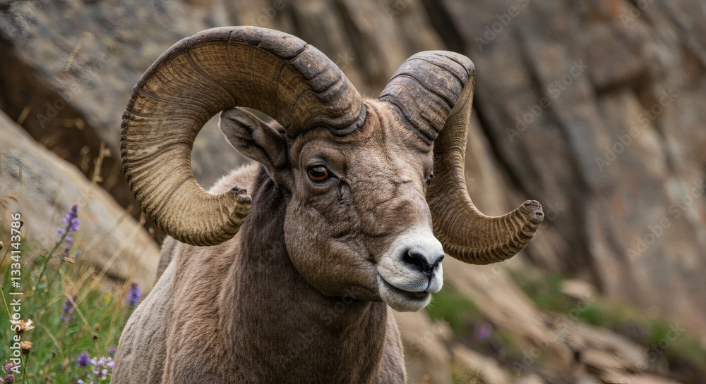Majestic Mountain Ram Portrait: A Close-Up of a Bighorn Sheep in its Rocky Habitat Majestic Mountain Ram Portrait: A Close-Up of a Bighorn Sheep in its Rocky Habitat