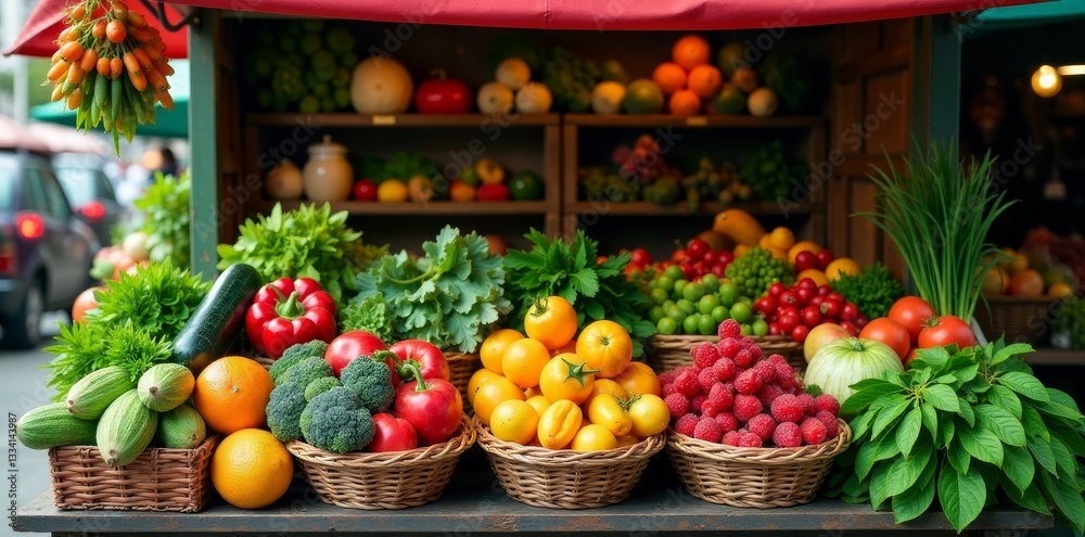 A vibrant display of fresh produce at an outdoor market, showcasing a colorful array of organic vegetables and fruits in rustic woven baskets A vibrant display of fresh produce at an outdoor market, showcasing a colorful array of organic vegetables and fruits in rustic woven baskets