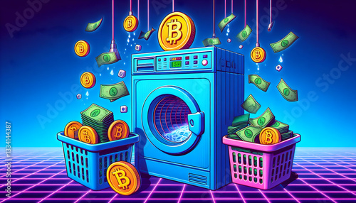 Bitcoin and money laundering graphics in neon 80's colors. Automatic washing machine in front of which are baskets of money and Bitcoin tokens. They roll up the money and Bitcoin tokens from above.