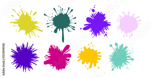 Set of colorful splatters on a white background. The splatters are of different sizes and shapes. Vector illustrations isolated on transparent background