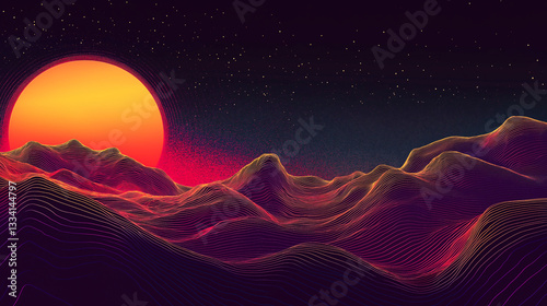 Wallpaper Mural Virtual sunset in the digital world. The sun sets behind digital mountains. The whole thing is retro-styled. Torontodigital.ca