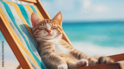 Wallpaper Mural A cat on vacation, sleeping in a hammock. In the background is a sandy beach and a crystal blue ocean. Torontodigital.ca