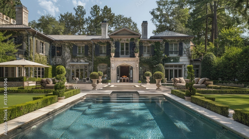Fototapeta premium Opulent estate exterior featuring a luxurious swimming pool, manicured gardens, and a grand building covered in climbing plants.