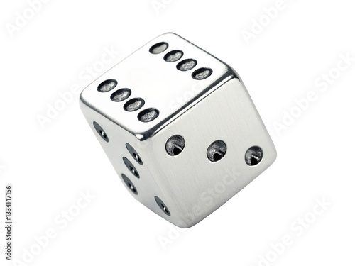 Shiny metal dice with six sides showing various numbers, perfect for games