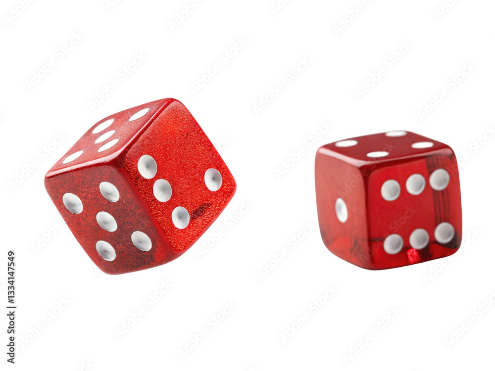 Red dice with white dots, showing different numbers, on transparent background Red dice with white dots, showing different numbers, on transparent background