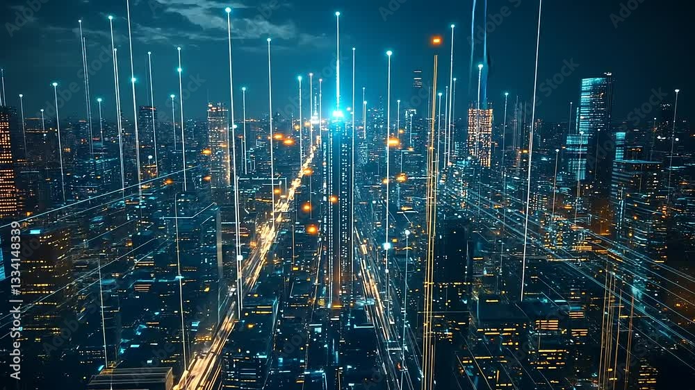 Futuristic city skyline at night with glowing lights and data streams ...