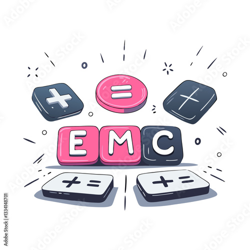 Mathematical equation vector featuring "EMC" with calculator buttons, symbols, and arithmetic signs in a playful design.