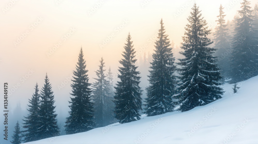 Obraz premium Snow Covered Fir Trees on a Foggy Hillside in Winter