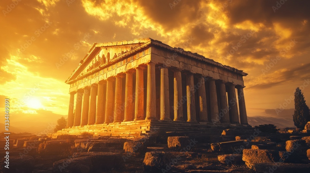 Obraz premium A grand ancient temple structure basking under the setting sun