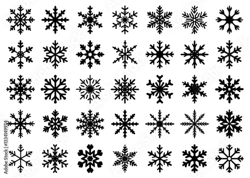 Snowflake silhouette collection with varied crystal patterns. Black winter icons for holiday design, Christmas projects, and seasonal decorations