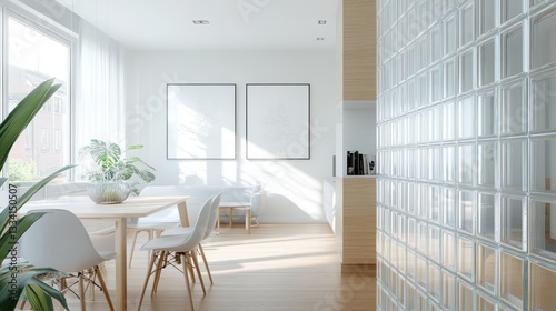 Modern apartment, dining area, glass block wall, sunlight, minimalist design, interior design, home decor