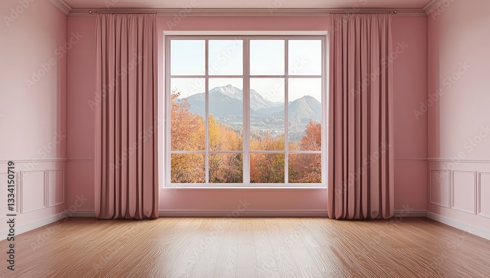 Fototapeta premium Pink Interior with Window View, 3D Rendering.