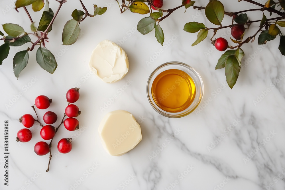 Honey, Butter, and Cherry Tomatoes Flat Lay with a Rustic Touch